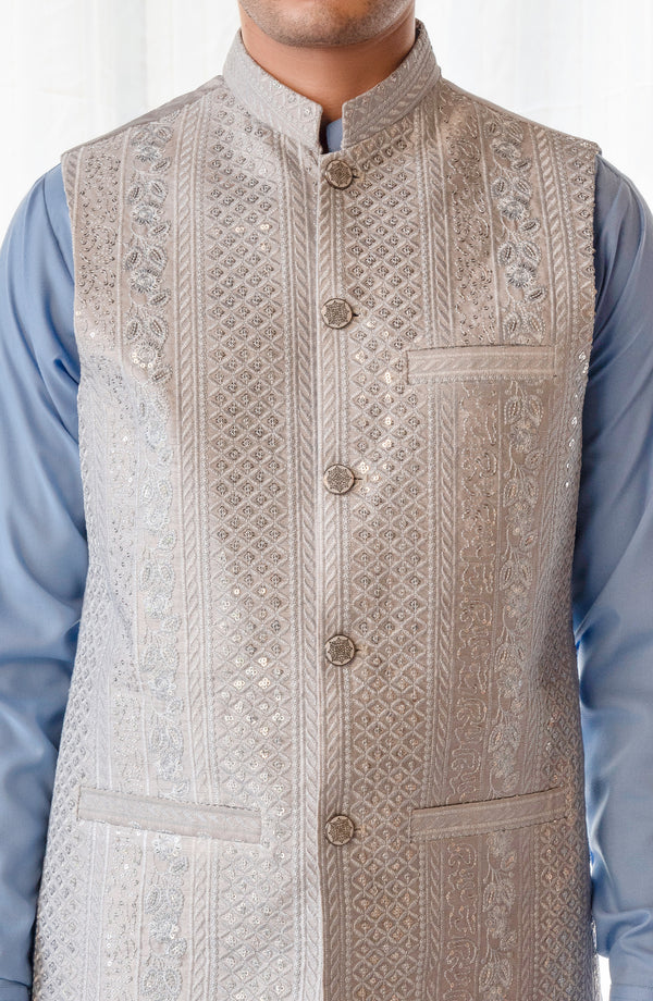 Grey Embroidered Waistcoat Men