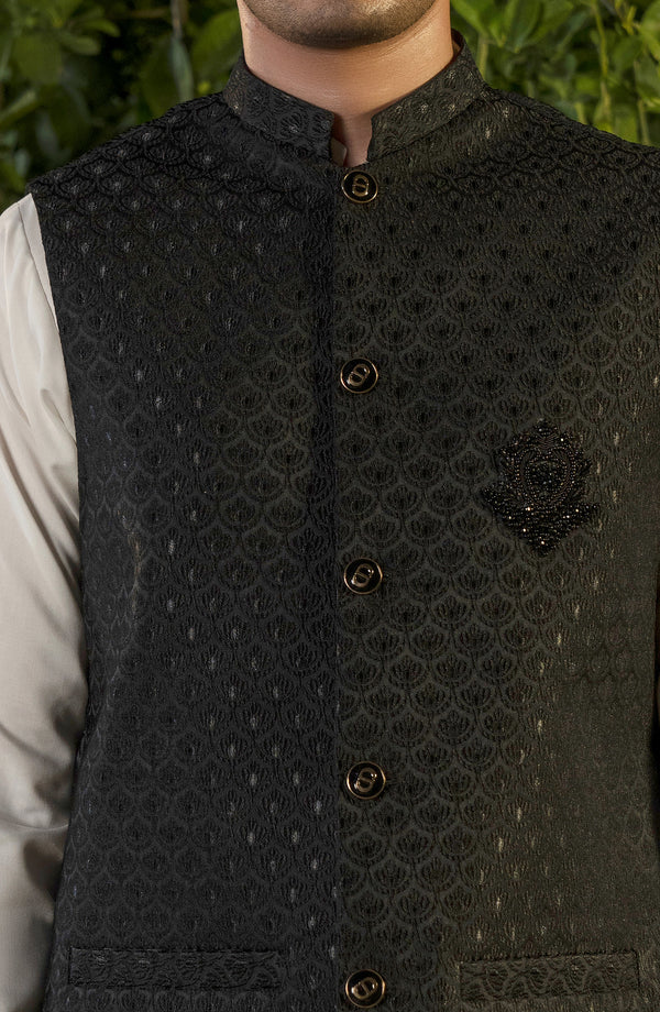 Black Embroidered Waistcoat with motif Men